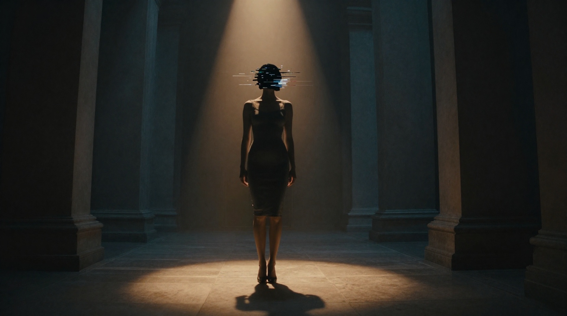 Silhouette of a person in a dark courtroom with a glitching digital head, symbolizing deepfake identity theft.